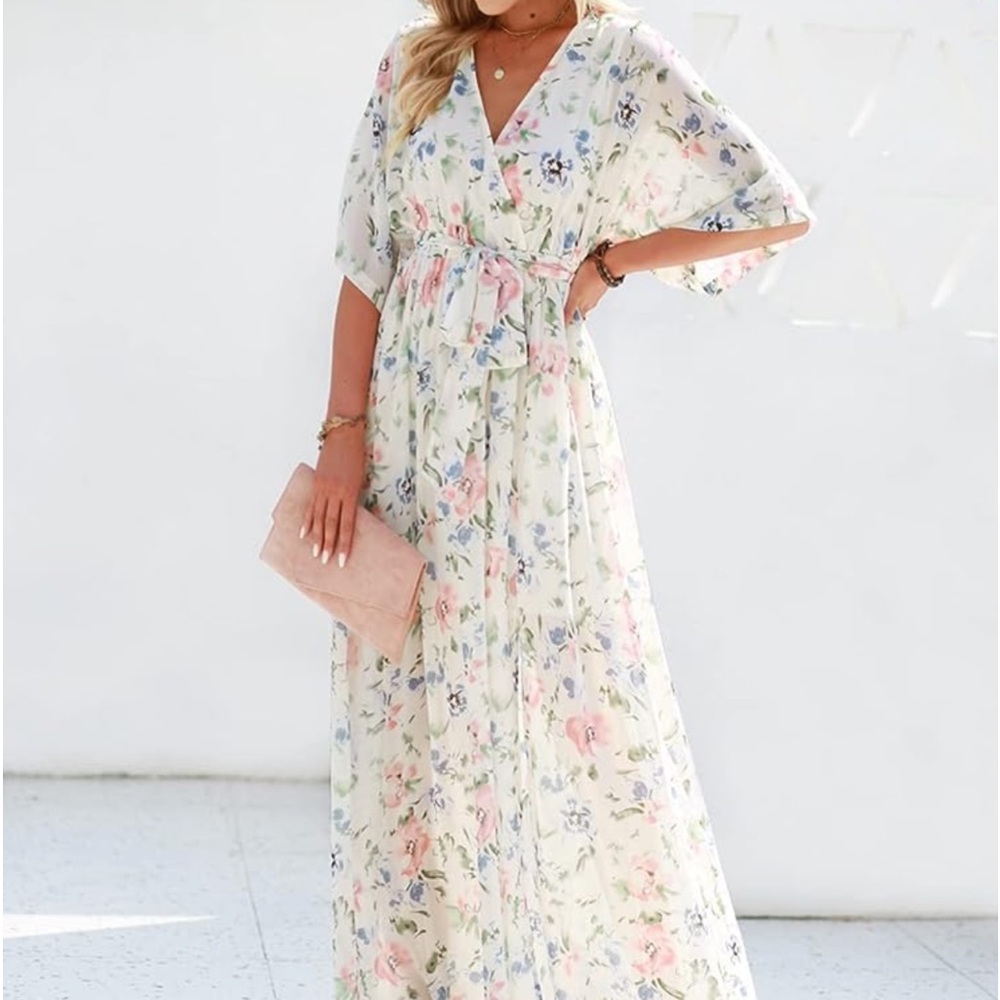 Loose boho style faux wrap V-neck dress